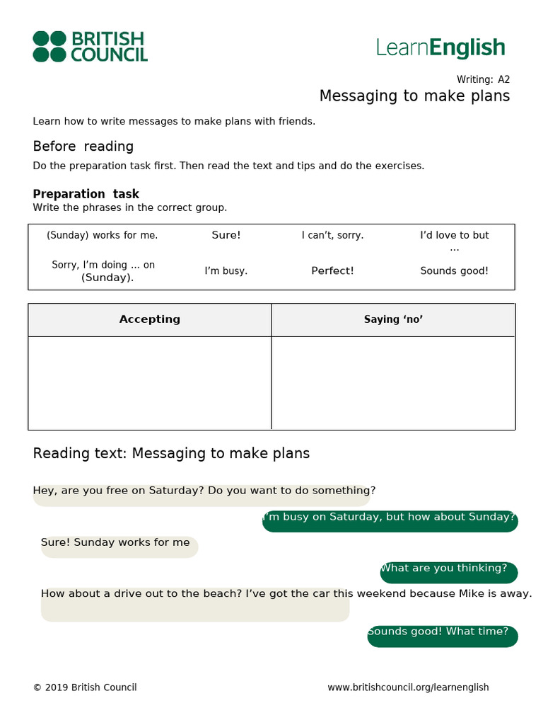 A2 Writing: Making Plans Messages | PDF | Language Mechanics ...