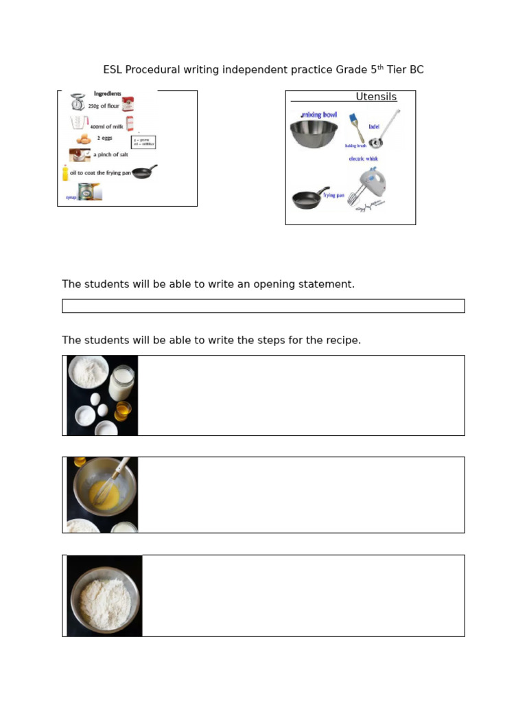 ESL Procedural Writing Pancake Recipe Independent Practice Grade 5th ...