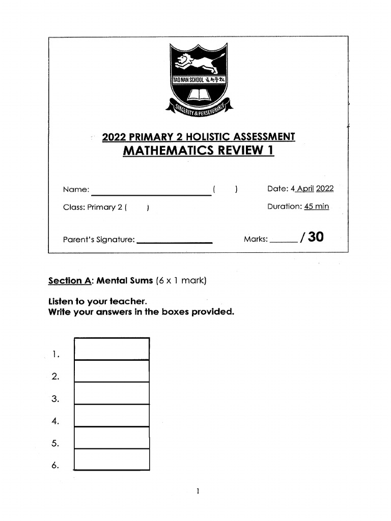 2022 P2 Maths Holistic Assessment 1 Tao Nan | PDF