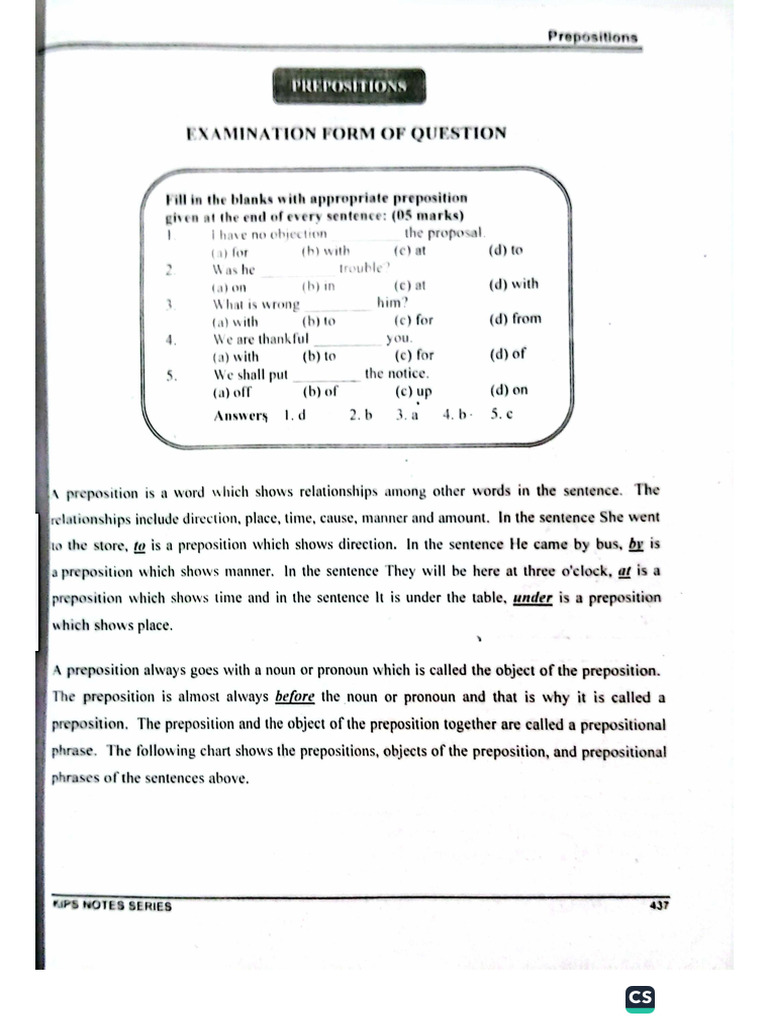 Preposition Notes 12th English | PDF