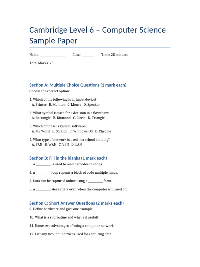 Cambridge Level 6 Computer Science Test | PDF