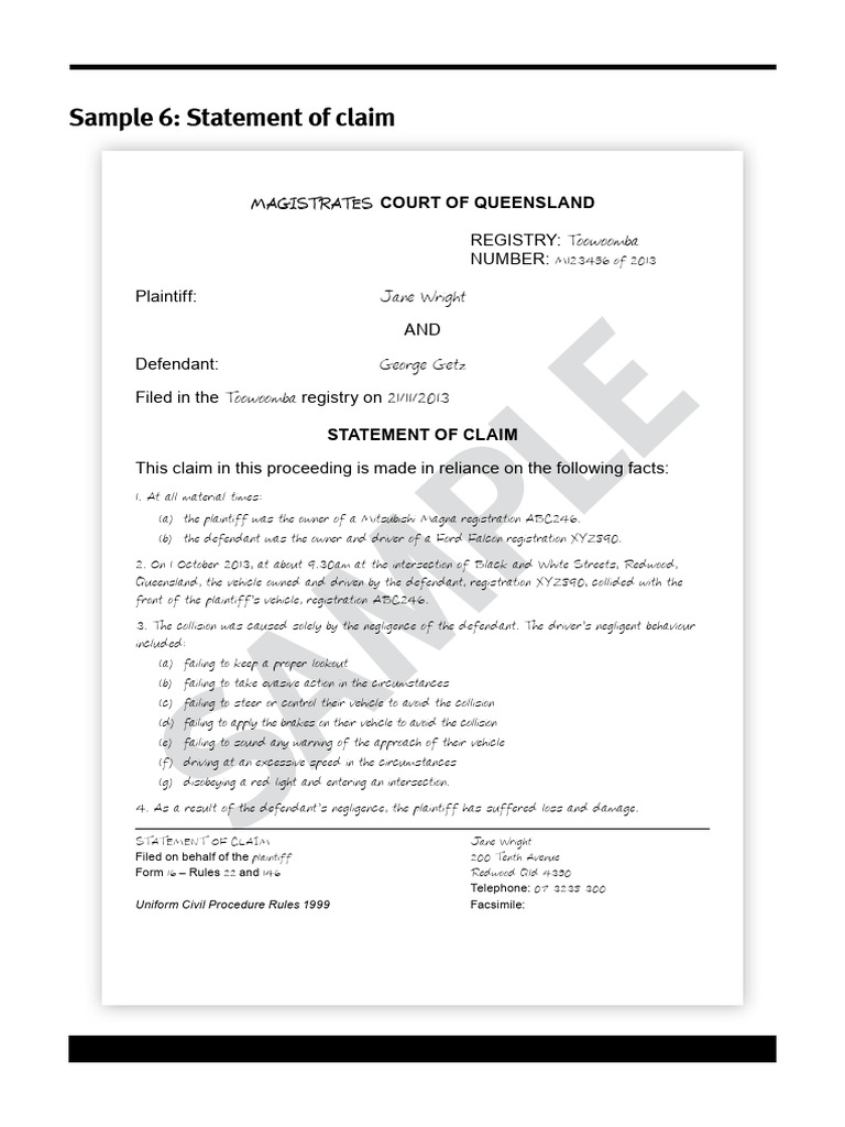 Sample Negligence Claim - Car Accident | PDF | Cause Of Action | Negligence