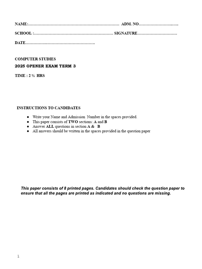 Computer Studies Exam Paper 2025 | PDF | Computing