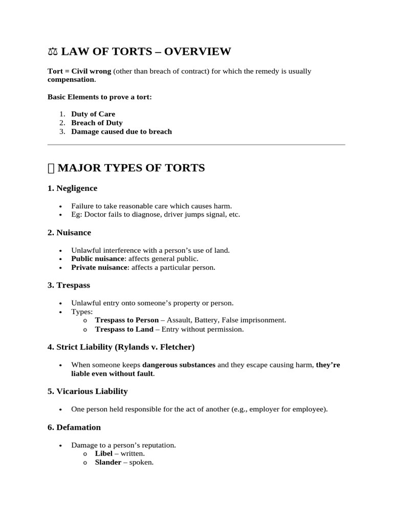 Overview of Tort Law Essentials | PDF | Tort | Trespass