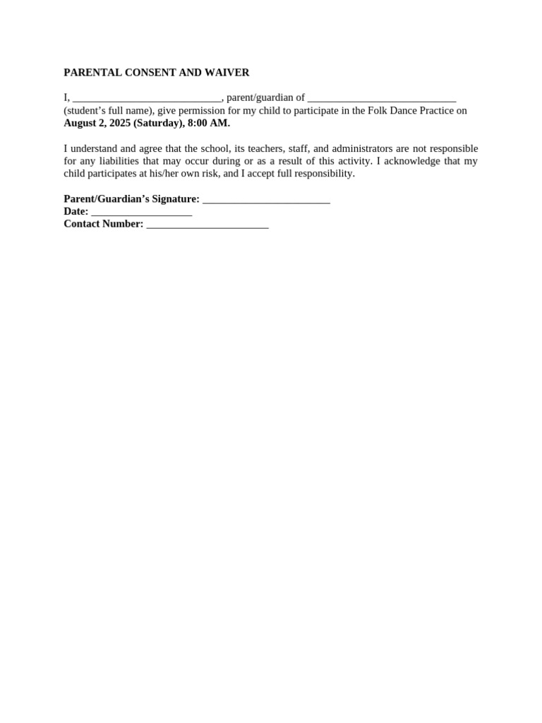 Parental Consent and Waiver of Liability | PDF