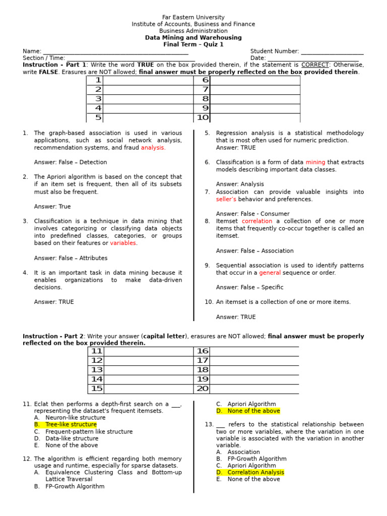 Data Mining Quiz: Concepts & Techniques | PDF | Cluster Analysis | Outlier