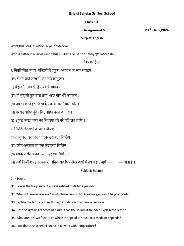 Class IX Assignment Overview | PDF | Sound | Physical Phenomena
