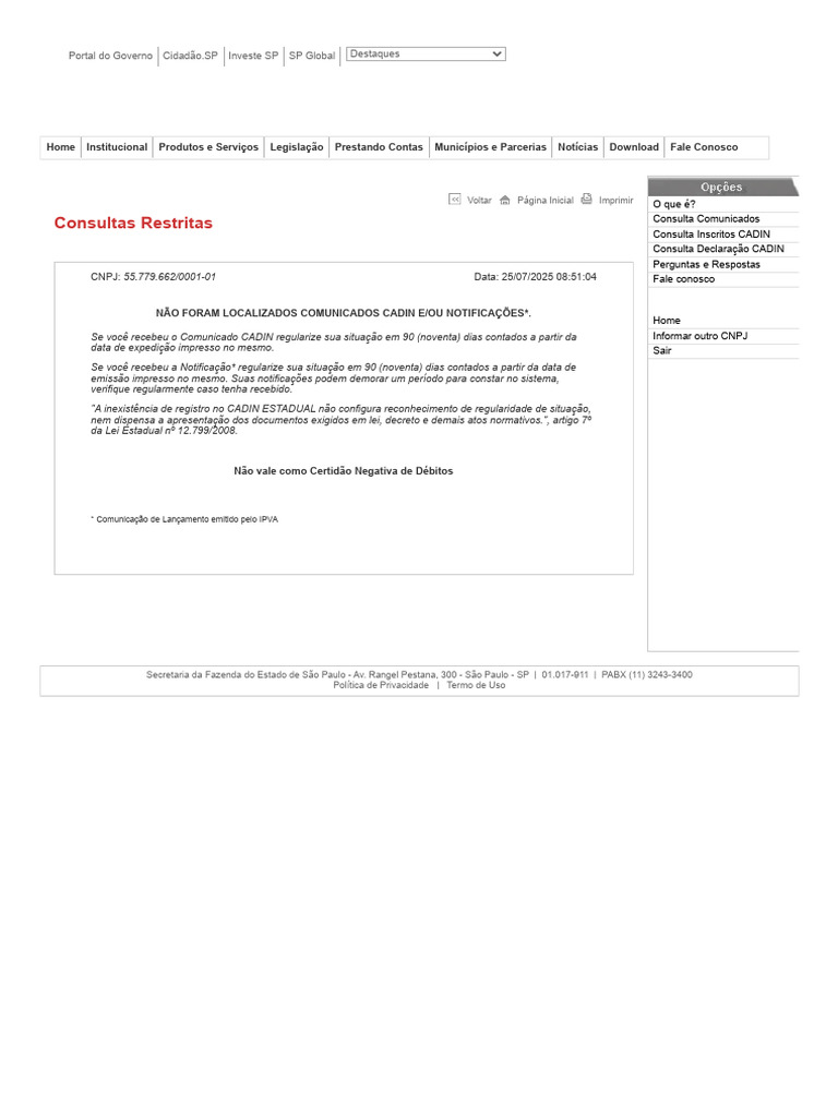 Consulta Cadin Fazenda Vila Teixos | PDF