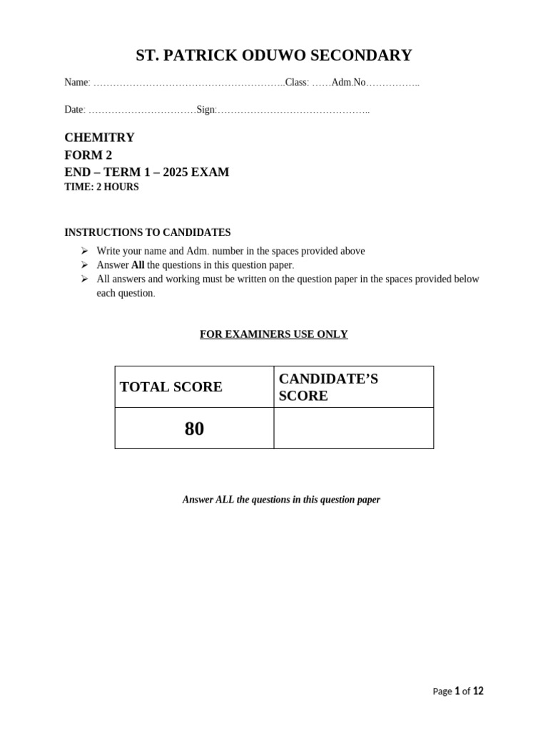 Form 2 Chemistry Exam Paper 2025 | PDF | Anode | Cathode