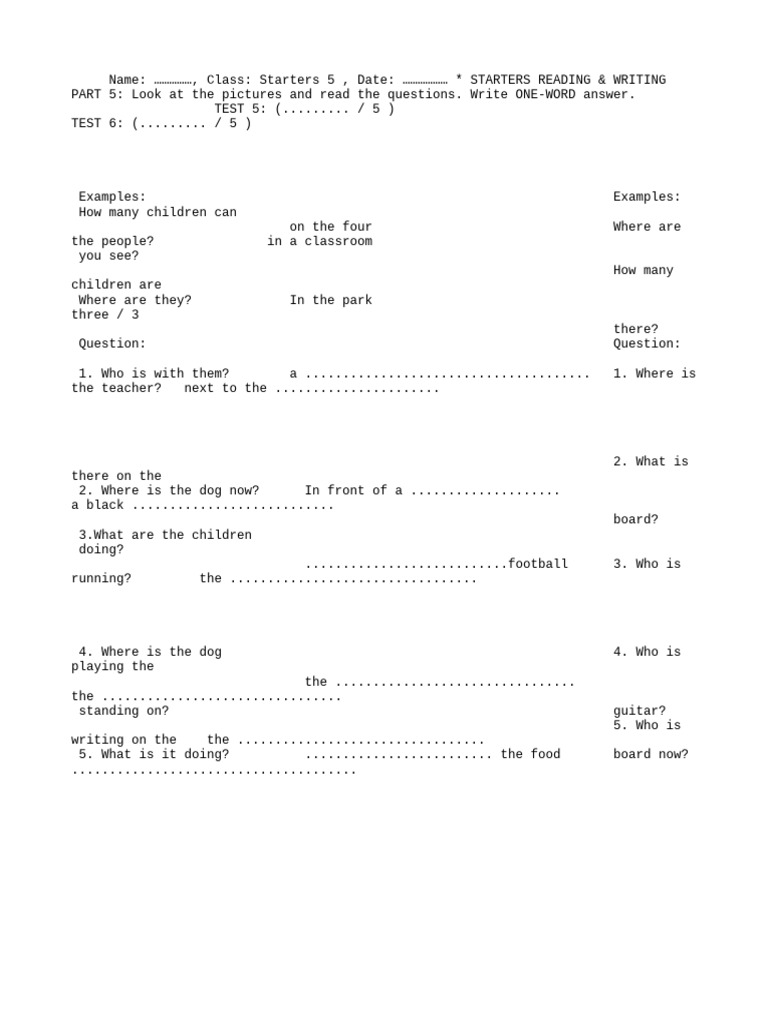 Starters Reading & Writing Part 5 | PDF