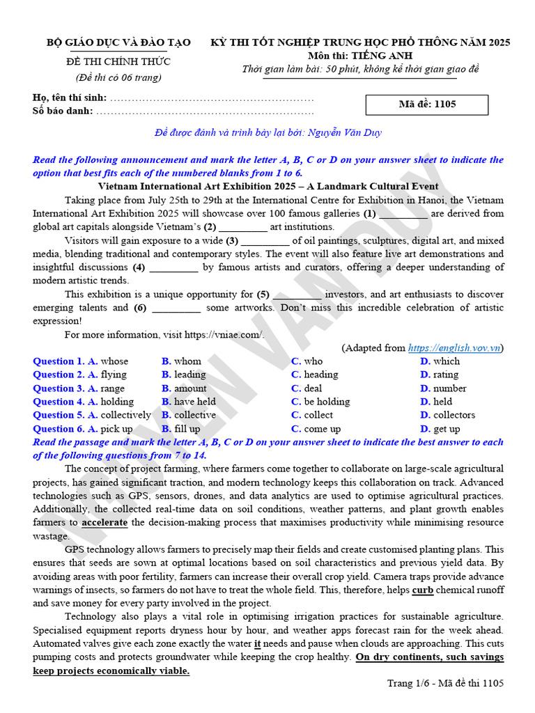 ĐỀ THI TNTHPT 2025 MÃ ĐỀ 1105 NVD | PDF | Agriculture | Climate Change ...
