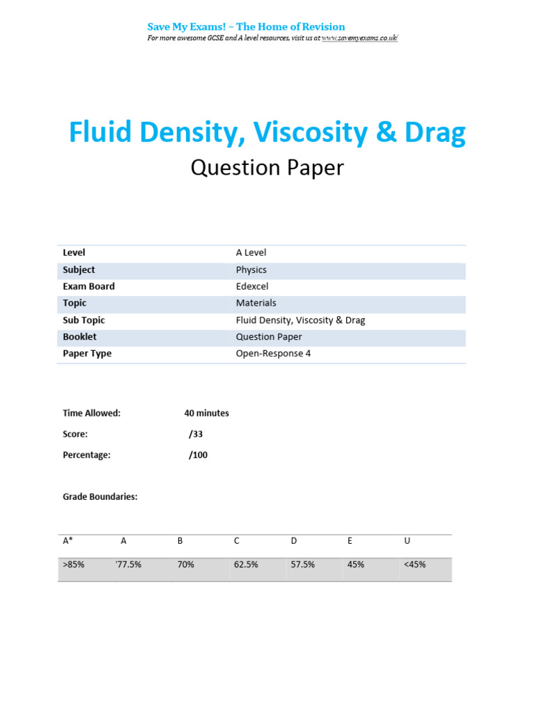 Fluid Density and Viscosity Exam Paper | PDF | Drag (Physics ...
