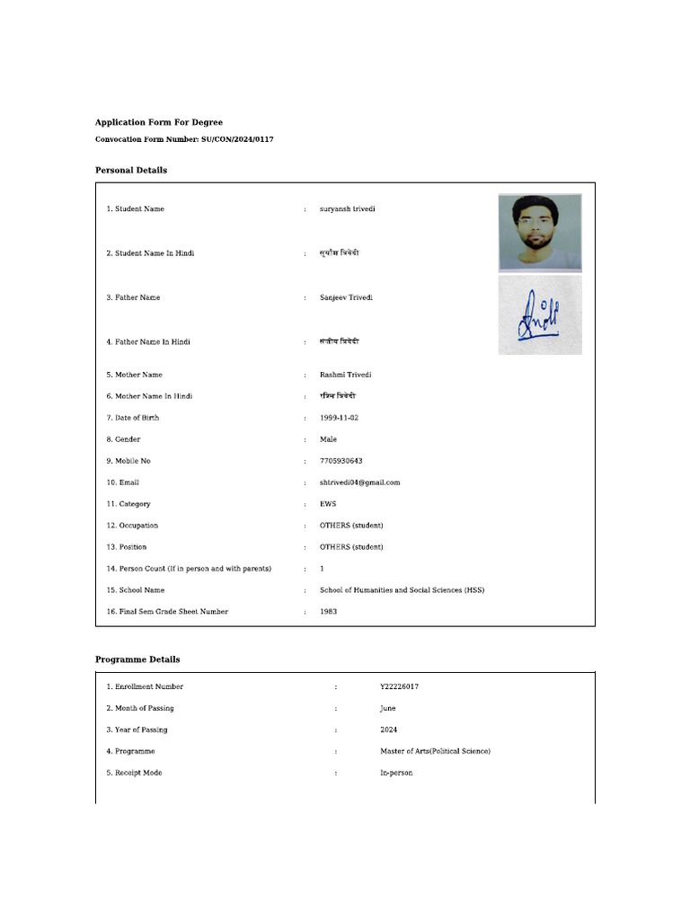 Convocation Form Suryansh Trivedi | PDF