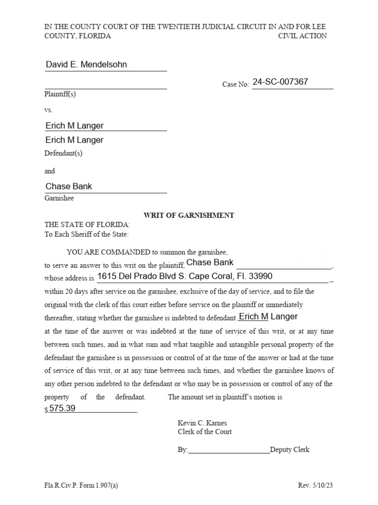 Writ of Garnishment in Lee County Case | PDF | Garnishment | Justice