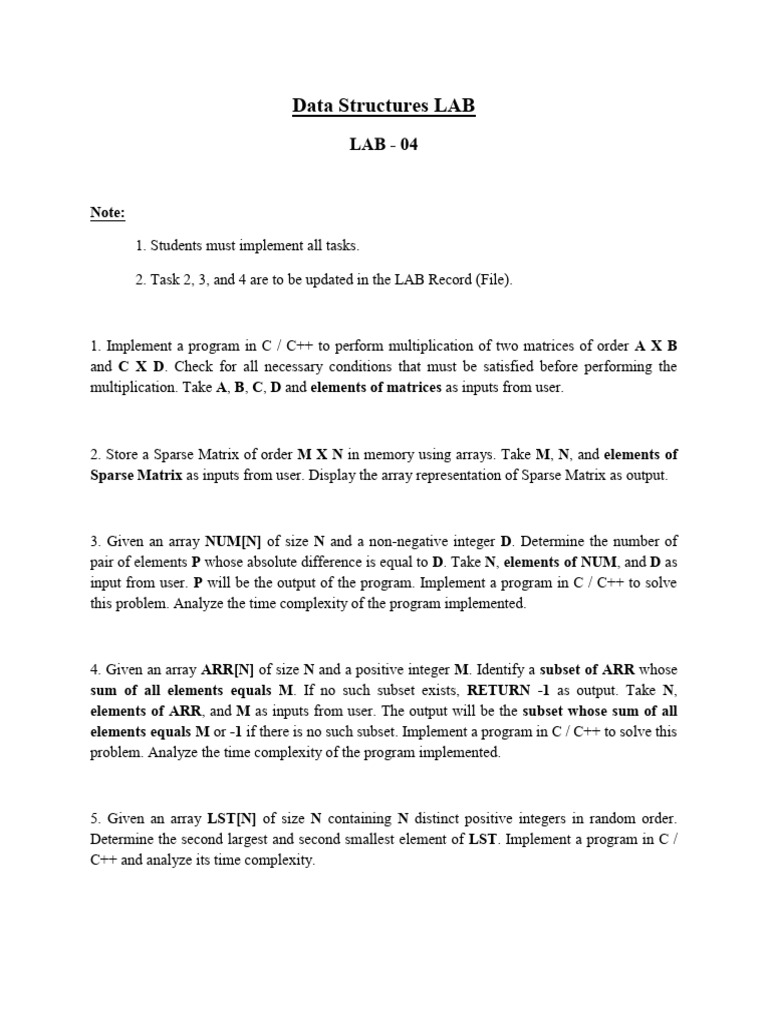 C/C++ Data Structures Lab Tasks | PDF