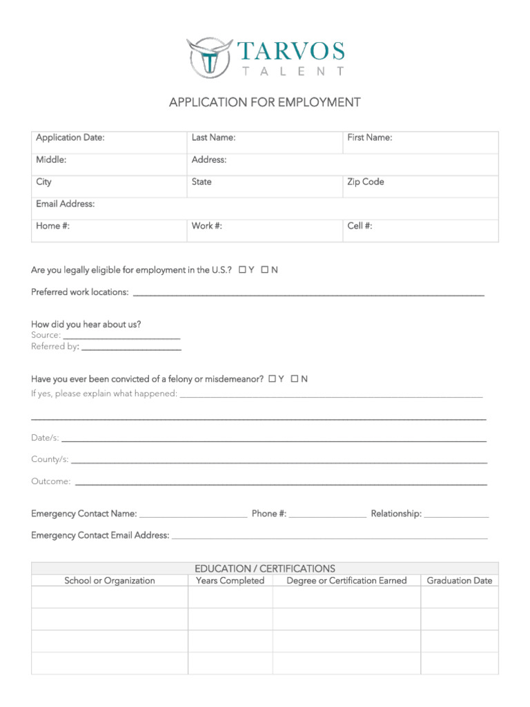 Employment Application for Tarvos Talent | PDF | Employment | Justice