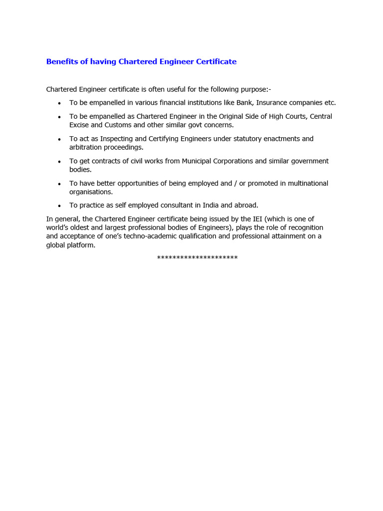 Benefits of Chartered Engineer Certificate | PDF