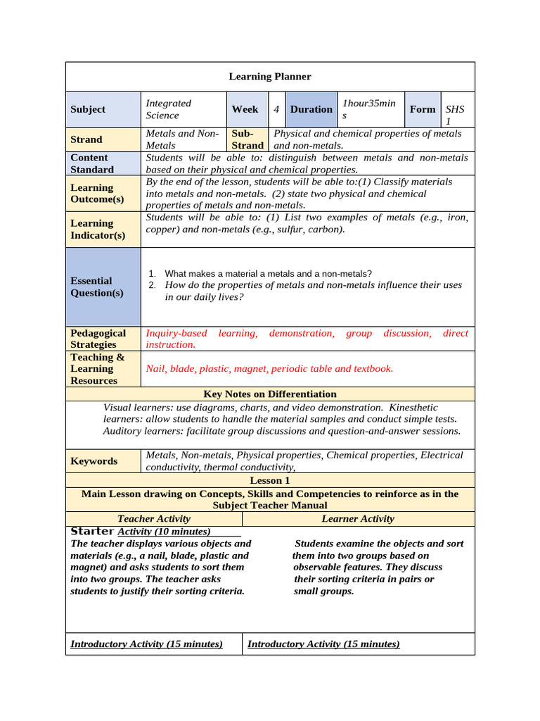 Metals vs Non-Metals: Properties Lesson Plan | PDF | Learning | Metals