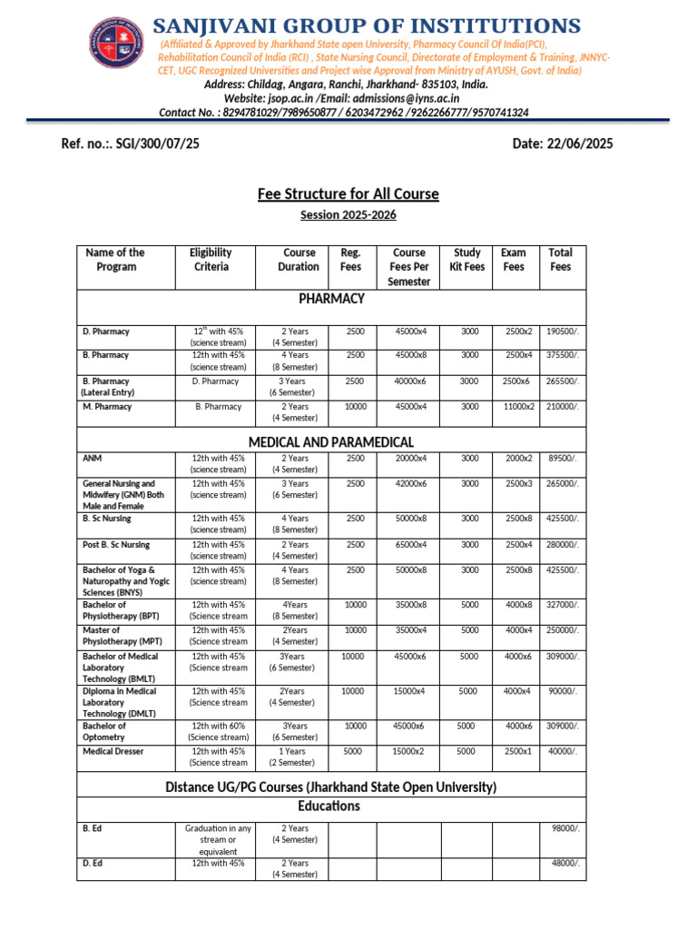 Fee Structure for 2025-2026 Courses | PDF | Vocational Education ...