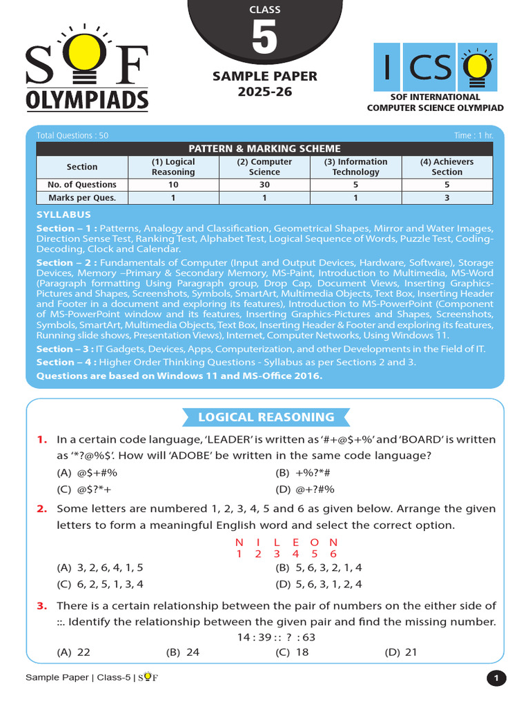Class 5 Computer Science Olympiad Sample | PDF | Computer Data Storage ...