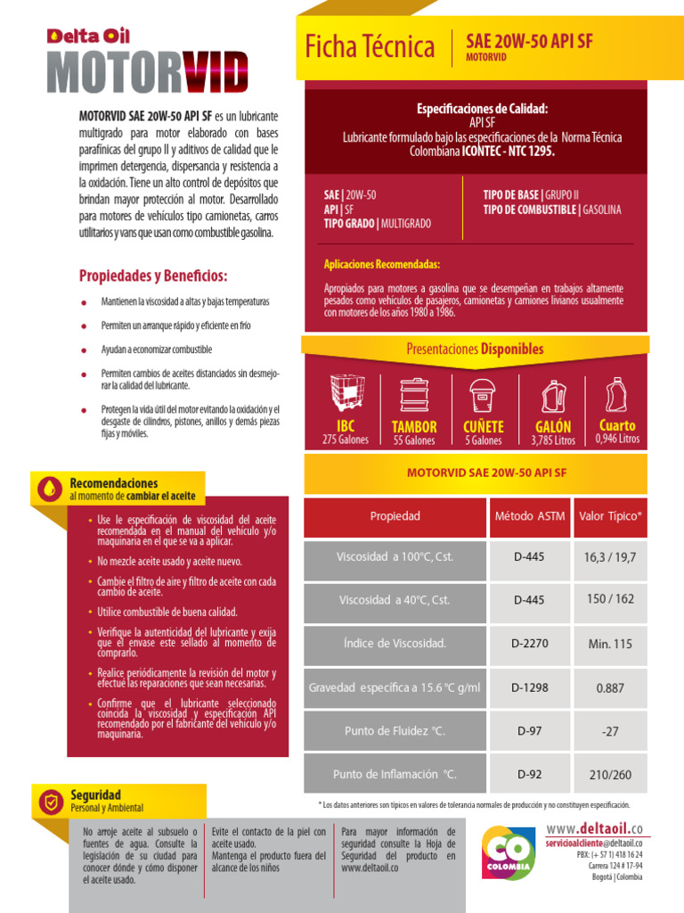 Aceite SAE 20W-50 API SF: Ficha Técnica | PDF | Lubricante