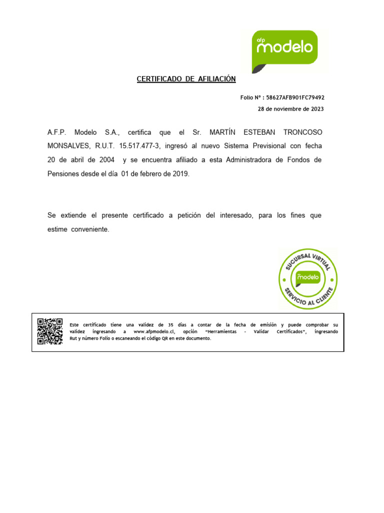 Certificado Afiliacion Afp Modelo | PDF