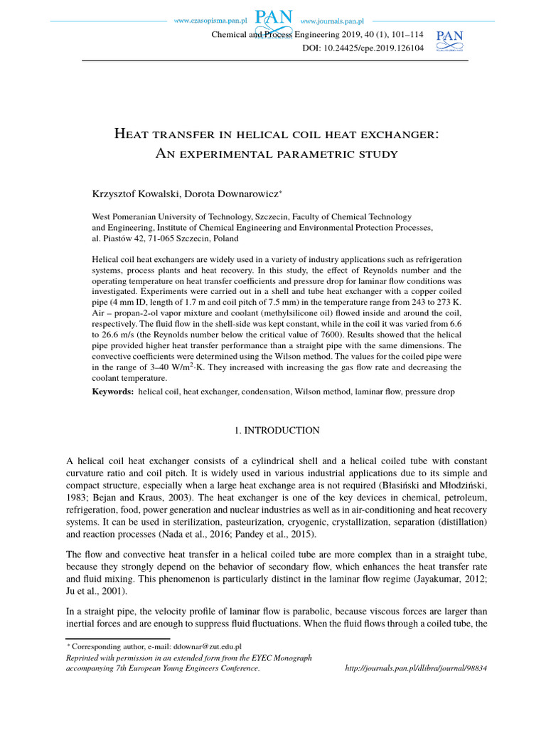 Helical Coil Heat Exchanger Study | PDF | Heat Exchanger | Reynolds Number