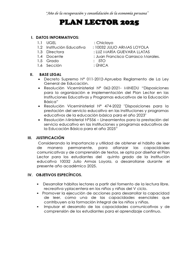 Plan Lector 2025 en Educación Peruana | PDF | Maestros | Educación primaria
