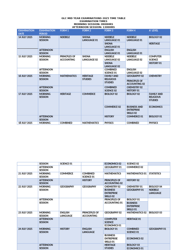GLC Mid Year Examinations Time Table | PDF | Science | Inquiry