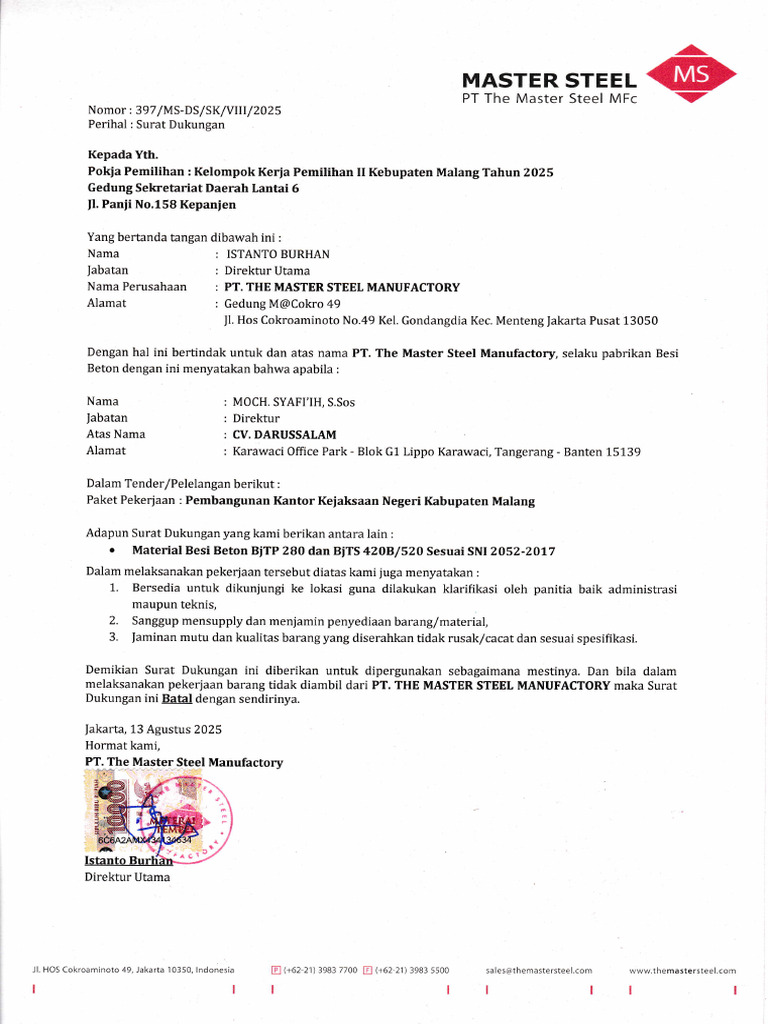 Surat Dukungan PT Master Steel 2025 | PDF