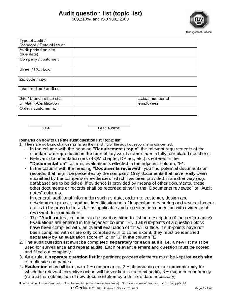 Audit Question List ISO 9001 - 1994 and ISO 9001 - 2000 | PDF ...