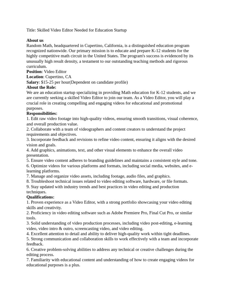 Video Editor Role at Education Startup | PDF | Editing | Educational ...