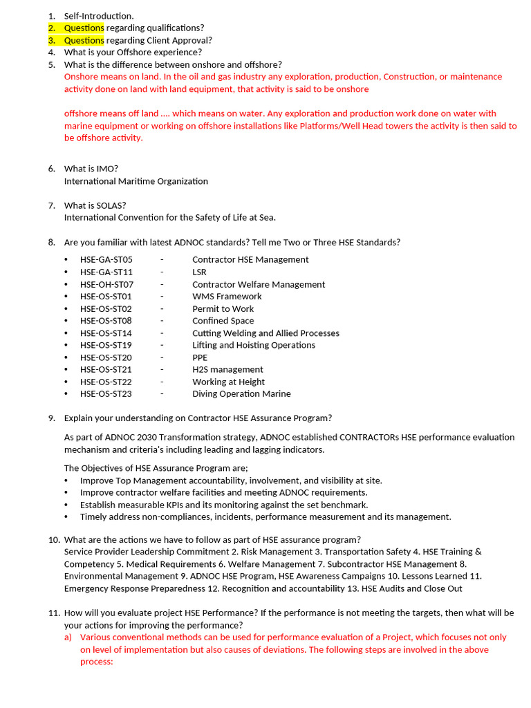HSE Interview Questions and Standards Guide | PDF | Occupational Safety ...