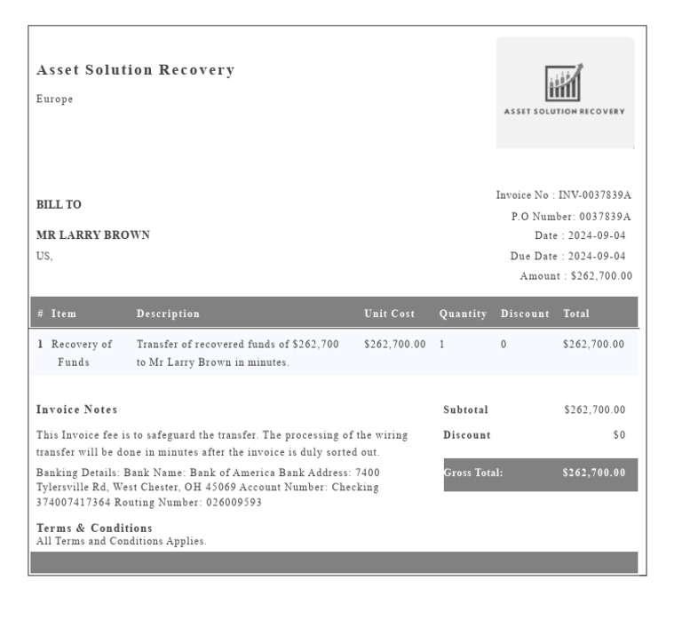 Invoice for Fund Recovery Services | PDF