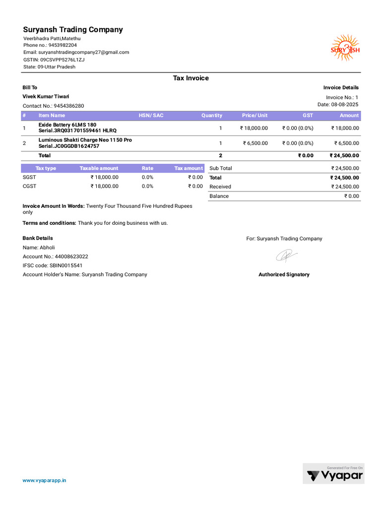 Invoice for Suryansh Trading Company | PDF