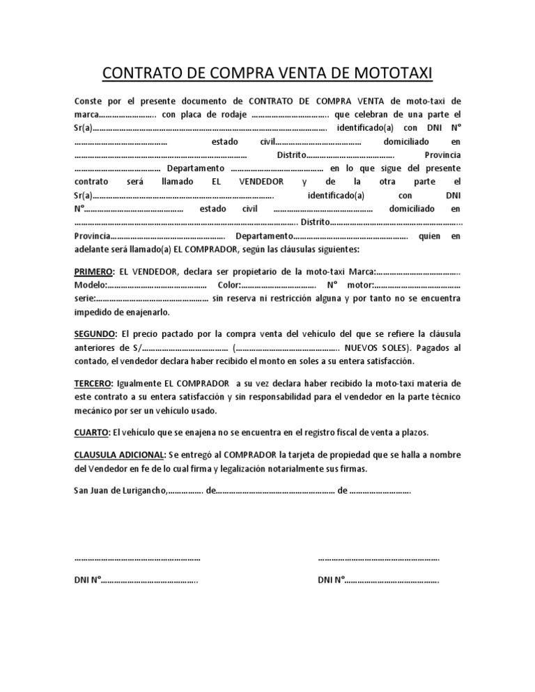 Contrato de Compra Venta de Mototaxi