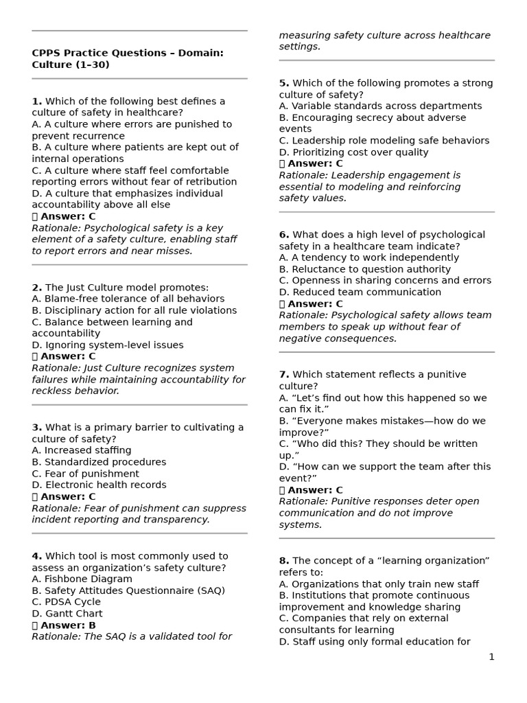 CPPS Exam Questions on Safety Culture | PDF | Patient Safety | Leadership