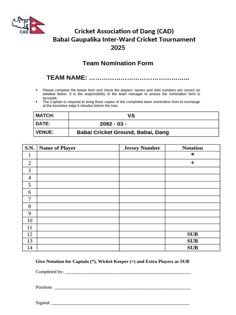 Team Nomination Form for Cricket Tournament | PDF