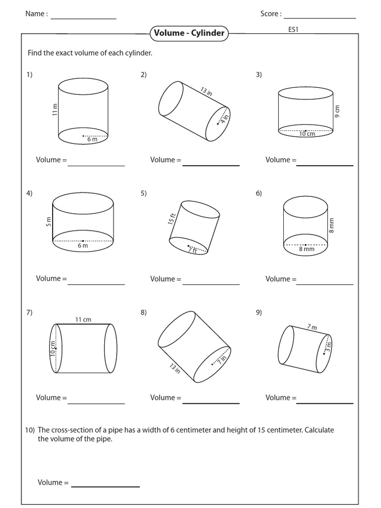 Cylinder Volume Calculation Worksheet | PDF