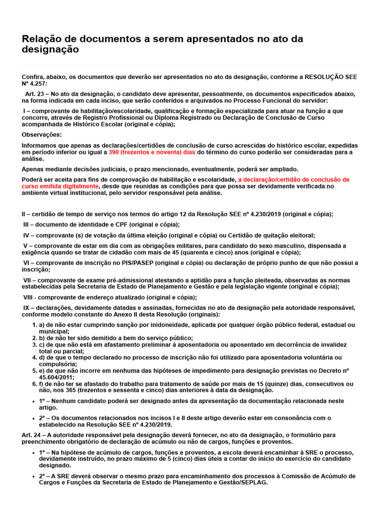 Documentos Necessários para Designação | PDF