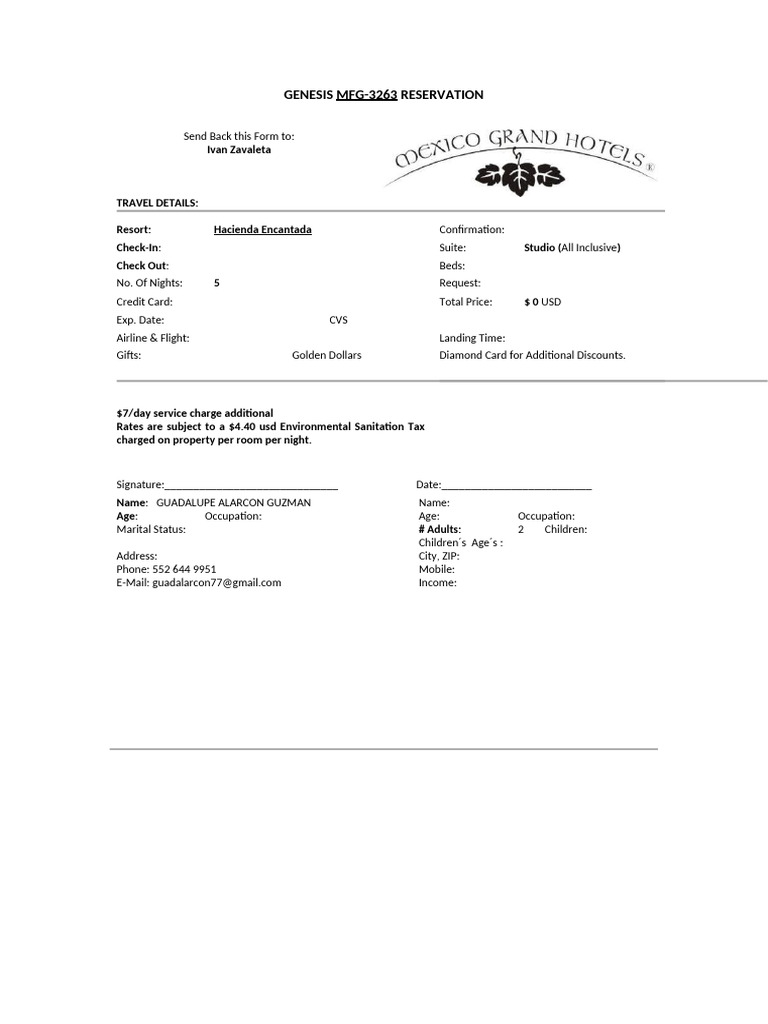 Genesis MFG-3263 Reservation Form | PDF