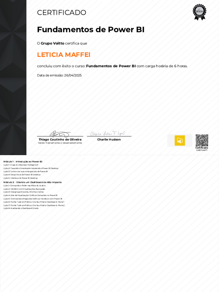 Certificado de Curso Power BI Voitto | PDF