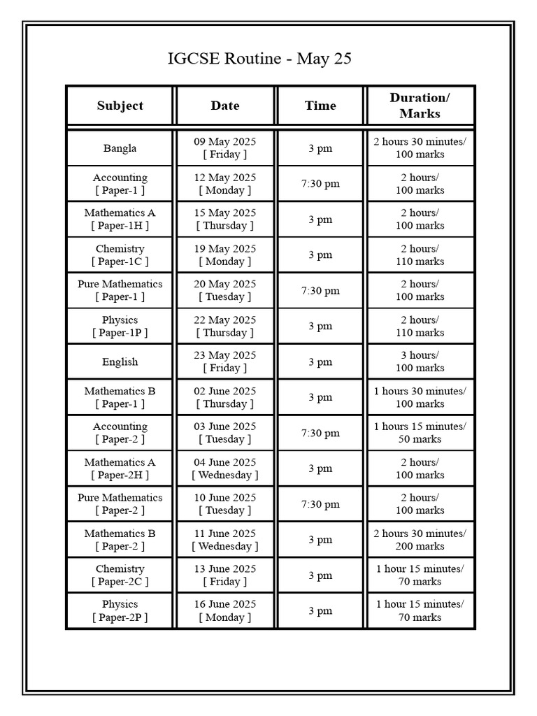 IGCSE Routine - May 25 | PDF