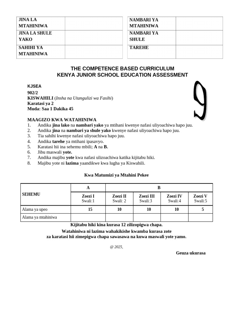 G9 Kiswahili Paper 2 Insha Fasihi | PDF