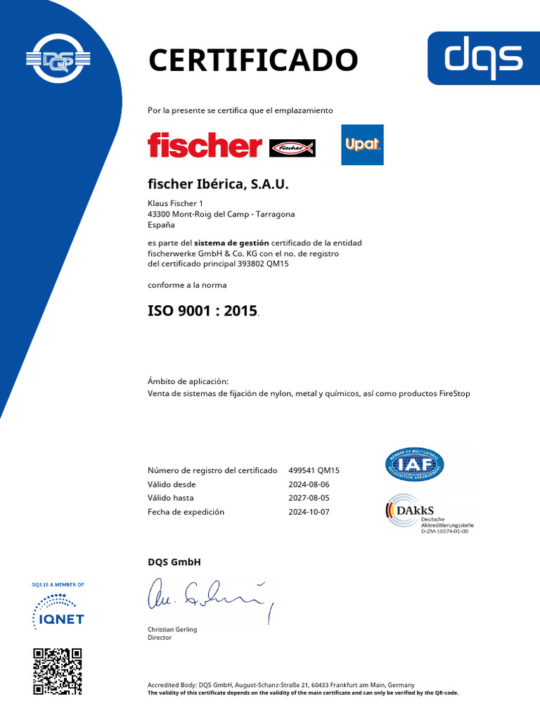 Certificación ISO 9001 de fischer Ibérica | PDF