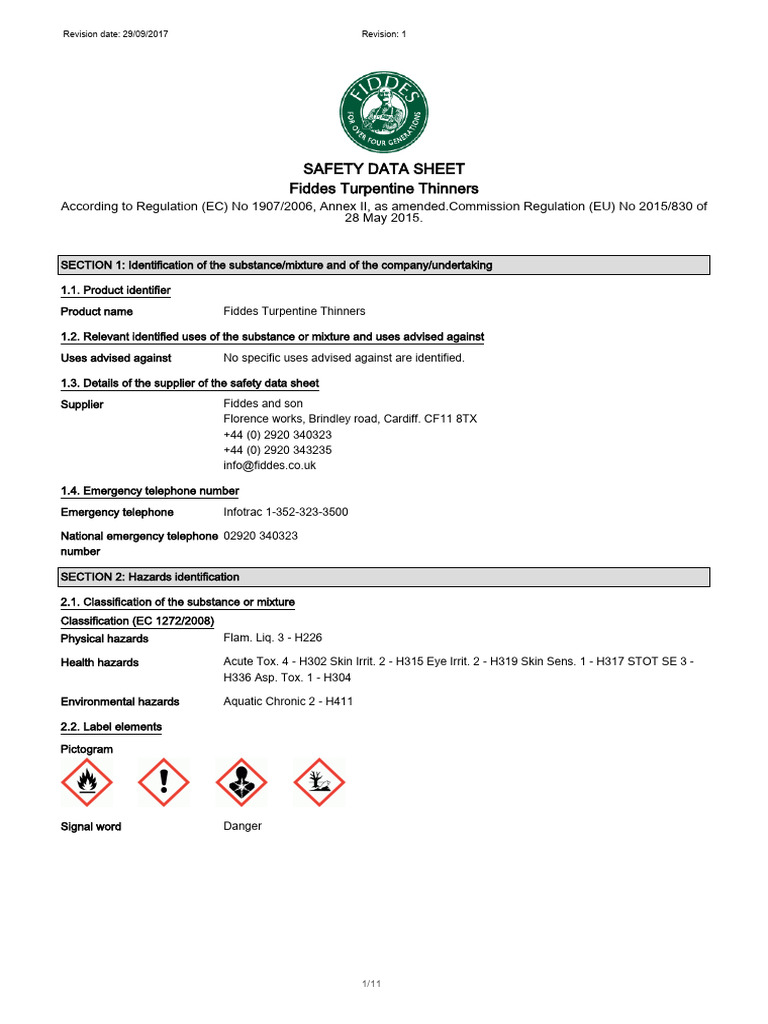 Fiddes Turpentine Thinners Safety Data Sheet | PDF | Dangerous Goods ...