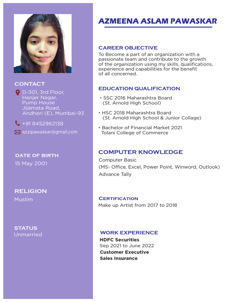 Azmeena Pawaskar Resume Summary | PDF
