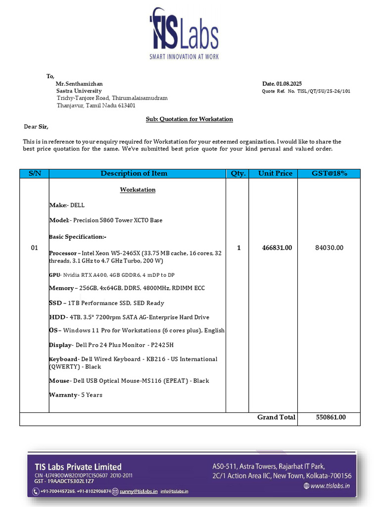 Quotation for DELL Workstation 5860 | PDF