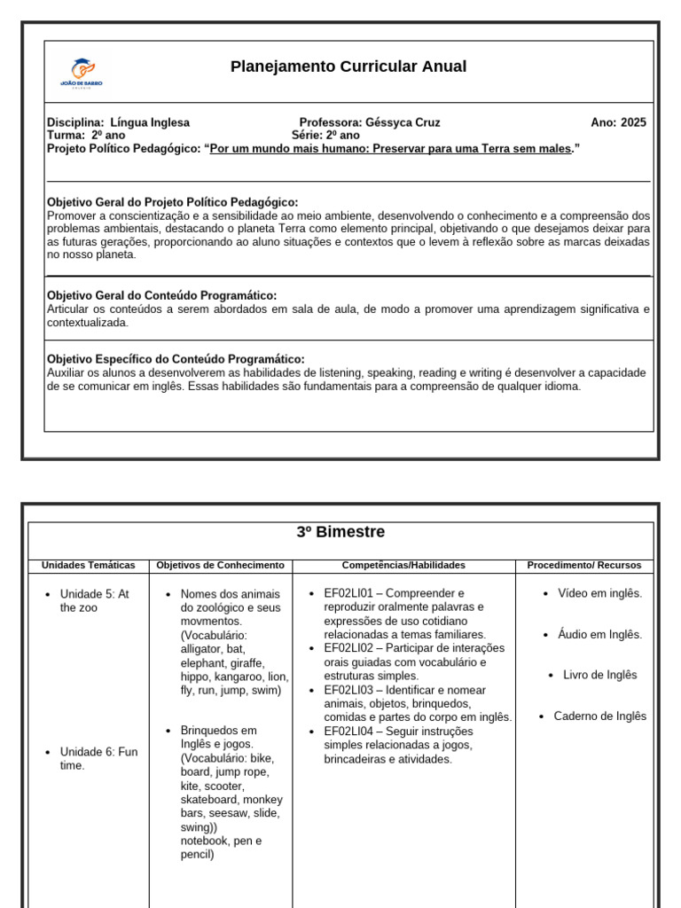 Planejamento Anual de Língua Inglesa 2025 | PDF | Pedagogia | Aprendizado