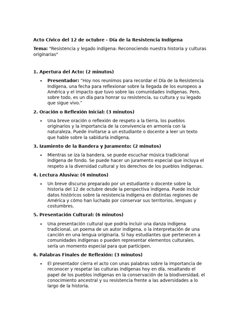 Día de la Resistencia Indígena: Acto Cívico | PDF